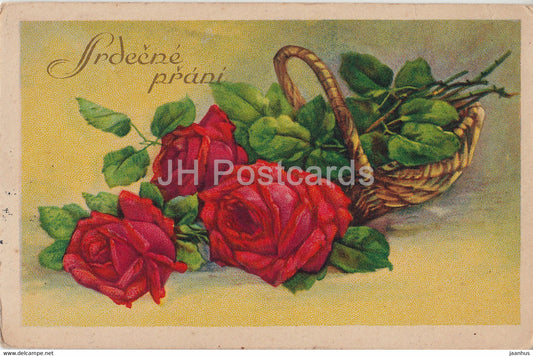 Srdecne Prani - flowers - red rose - 2567 - illustration - old postcard - 1937 - Czech Republic - used - JH Postcards