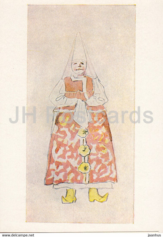 Drawing by V. Vasnetsov - Bobylikha - Costume design for theater performance - Russian art - 1963 - Russia USSR - unused - JH Postcards