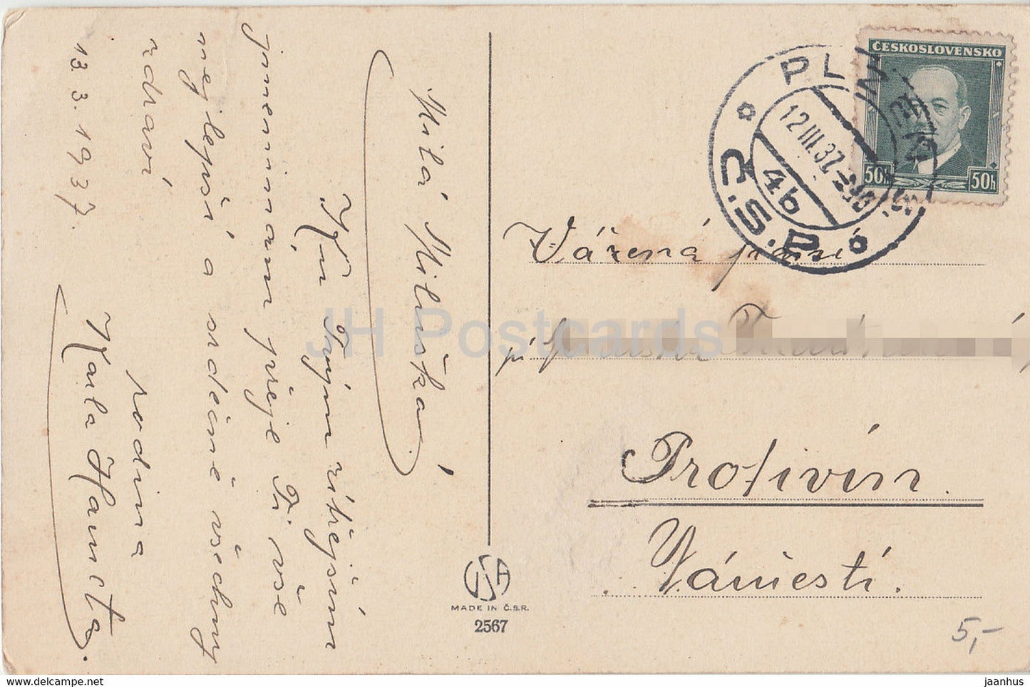 Srdecne Prani - flowers - red rose - 2567 - illustration - old postcard - 1937 - Czech Republic - used