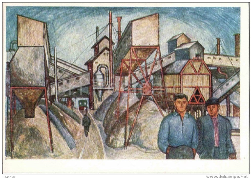painting by E. Medvetskaya - Kamyanitsa - plant - workers - russian art - unused - JH Postcards