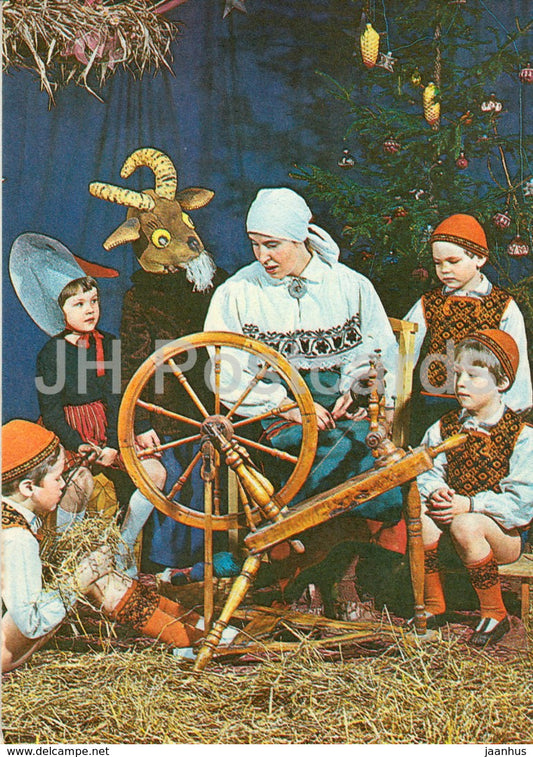 New Year Greeting card - Folk Costumes - spinning wheel - children - 1981 - Estonia USSR - used - JH Postcards