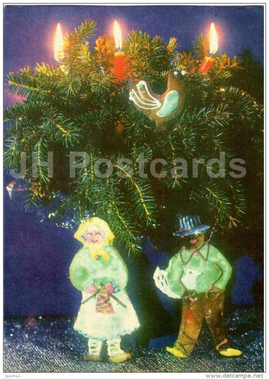 New Year Greeting card - gingerbread - candles - 1976 - Estonia USSR - unused - JH Postcards