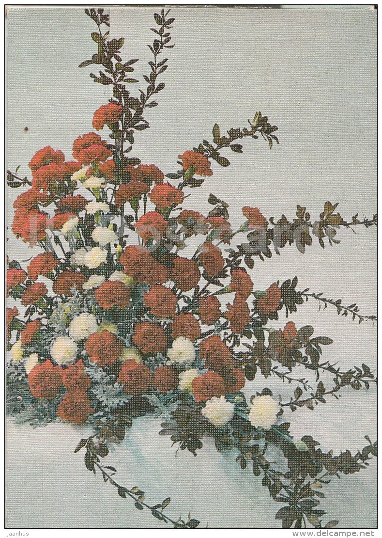 greeting card - red and white carnations - 1987 - Estonia USSR - used - JH Postcards