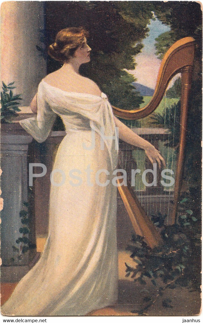 painting by Pichon - Pisen touhy - Ein Akkord - harp - art - Apollon 95 - old postcard - unused - JH Postcards