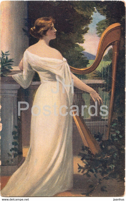 painting by Pichon - Pisen touhy - Ein Akkord - harp - art - Apollon 95 - old postcard - unused - JH Postcards