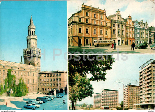 Opole - Ratusz - Zabytkowe kamieniczki w Rynku - Town Hall - houses - bus - multiview - Poland - unused - JH Postcards