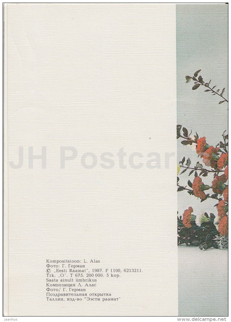 greeting card - red and white carnations - 1987 - Estonia USSR - used - JH Postcards