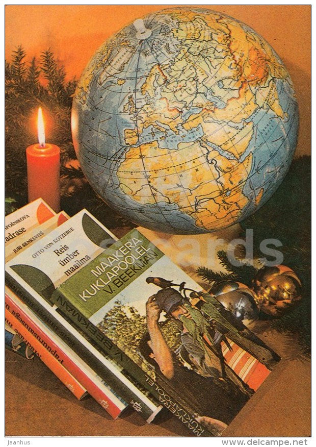 New Year Greeting card - 1 - globe - candle - books - 1984 - Estonia USSR - used - JH Postcards