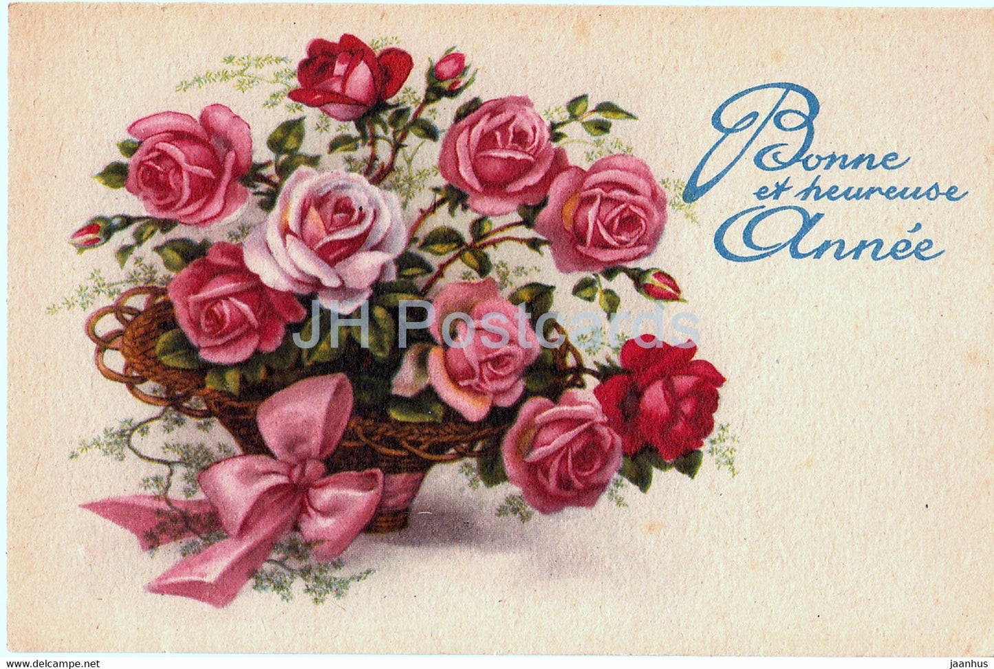 New Year Greeting Card - Bonne et Heureuse Fete - flowers - roses - illustration - old postcard - France - used - JH Postcards