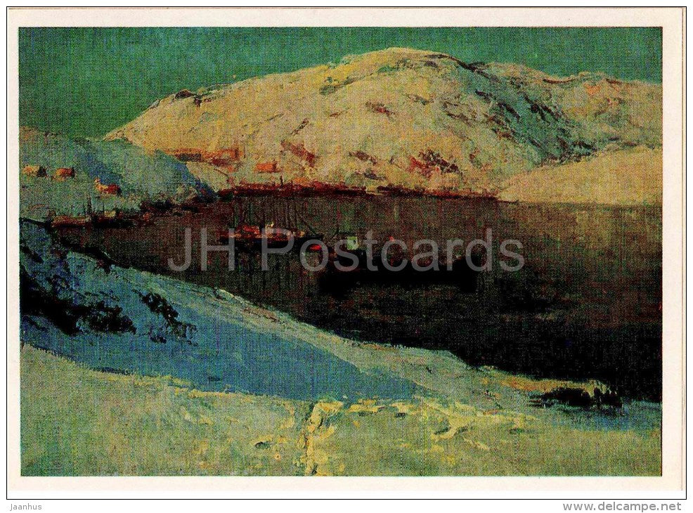painting by T. Biziryan - Extreme North . Port Vladimir , 1961 - ship - russian art - unused - JH Postcards