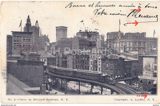 New York - Curve on elevated Road N Y - metro train - old postcard - 1906 - USA - used - JH Postcards