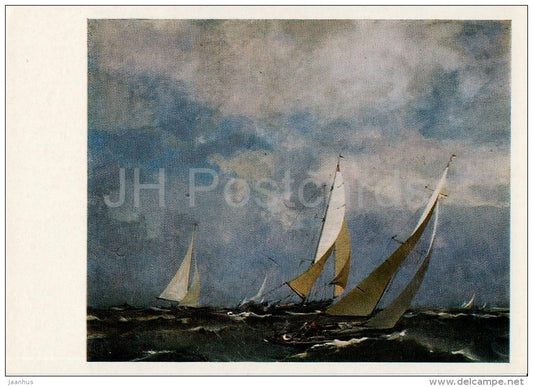 painting by E. Kalnins - Regatta , 1973 - sailing boat - Latvian art - 1986 - Russia USSR - unused - JH Postcards