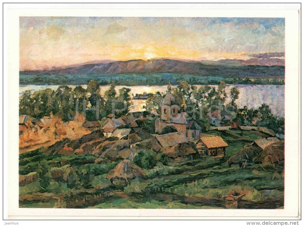 painting by A. Lentulov - Sunset on the Volga , 1928 - church - russian art - unused - JH Postcards