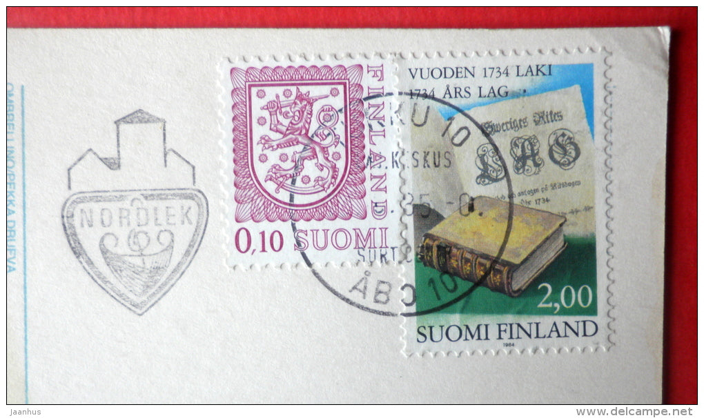 illustration - bear - umbrella - book - Nordlek - sent from Finland Turku to Estonia USSR 1985 - JH Postcards