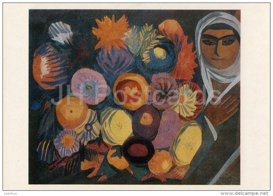 painting by M. Saryan - Still Life , 1913 - woman - flowers - Armenian art - 1985 - Russia USSR - unused - JH Postcards