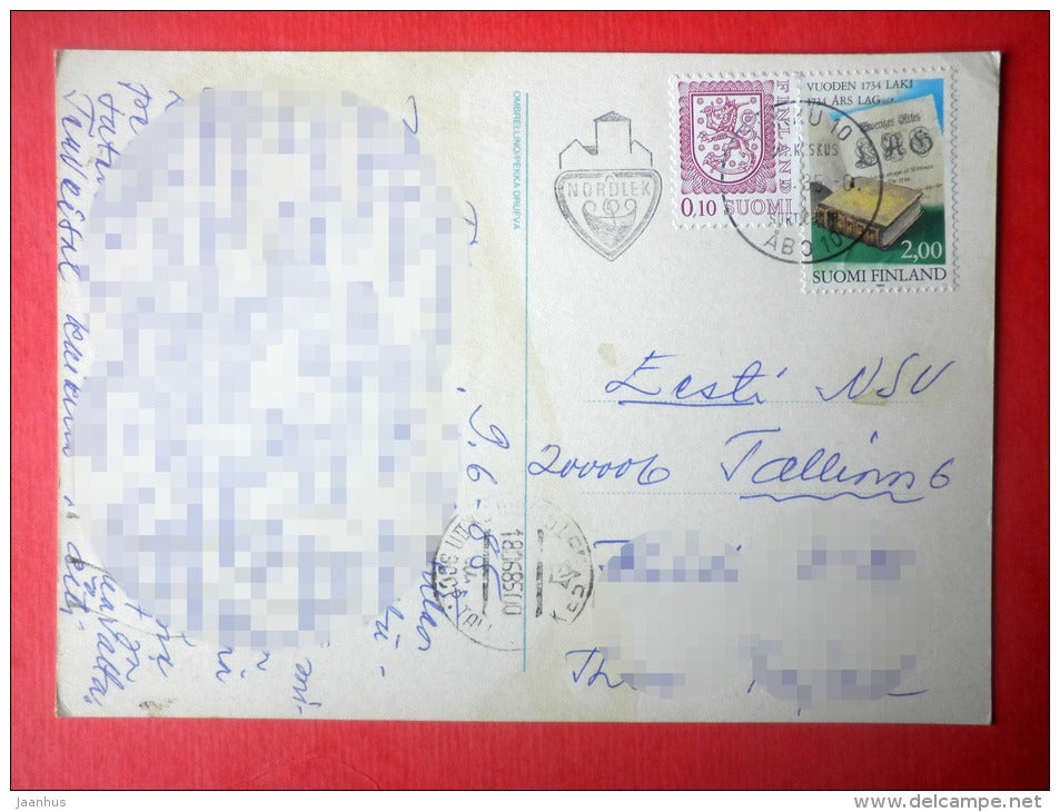 illustration - bear - umbrella - book - Nordlek - sent from Finland Turku to Estonia USSR 1985 - JH Postcards