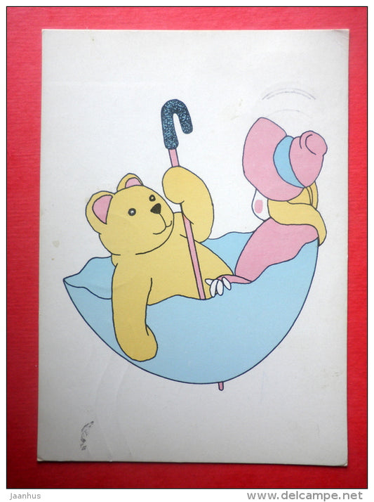 illustration - bear - umbrella - book - Nordlek - sent from Finland Turku to Estonia USSR 1985 - JH Postcards