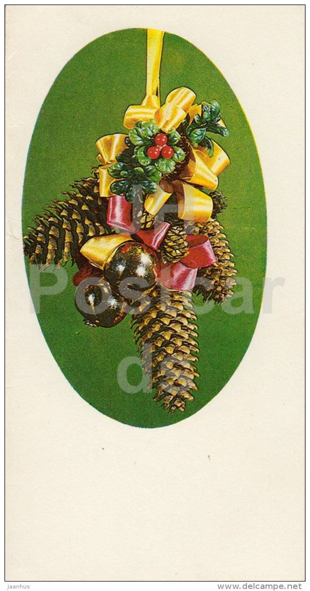 New Year greeting card - 1 - decorations - fir cones - 1984 - Estonia USSR - used - JH Postcards