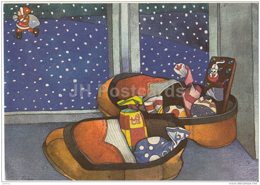 New Year Greeting card by. R. Lukk - candies - dwarf - gifts - slippers - 1987 - Estonia USSR - unused - JH Postcards