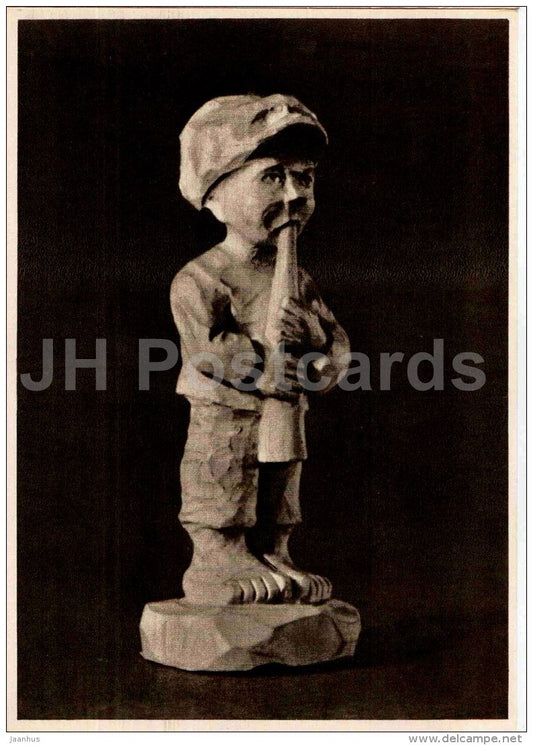 sculpture by A. Bolna - Swain - boy - shepherd - Lithuanian Folk Sculpture - 1958 - Lithuania USSR - unused - JH Postcards