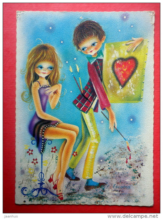 illustration by Escama -boy and girl - Finland - circulatd in Finland in 1974 - JH Postcards