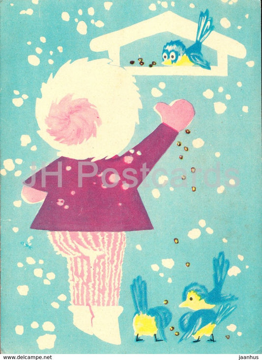 New Year Greeting Card by T. Tamman - girl - birds - 1 - 1966 - Estonia USSR - used - JH Postcards