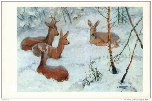 painting by A. Komarov - Roe Deer - winter - russian art - unused - JH Postcards