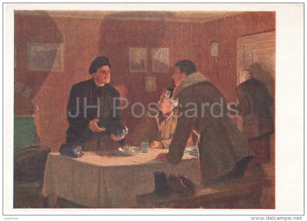 painting by V. Khrustalyev - Konstantin Zaslonov - soviet partisan - russian art - unused - JH Postcards