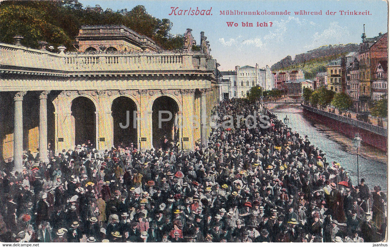 Karlovy Vary - Karlsbad - Muhlbrunnkolonnade wahrend Trinkzeit - Wo bin Ich  old postcard - 1925 - Czech Republic - used - JH Postcards