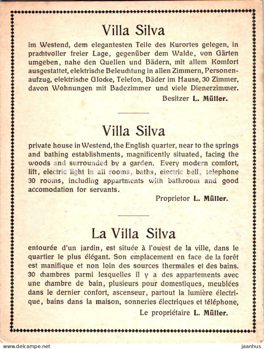 Karlsbad - Villa Silva - Westend - hôtel - carte postale ancienne - République tchèque - utilisé 