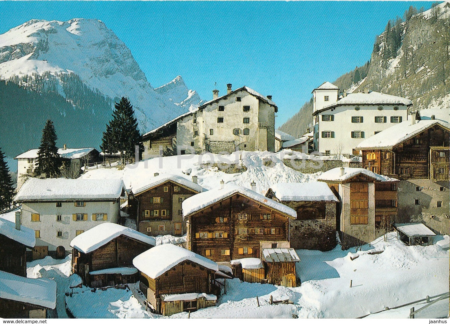 Splugen 1457 m - Dorfpartie mit dem Guggernull und Einshorn - 5850 - 1989 - Switzerland - used - JH Postcards