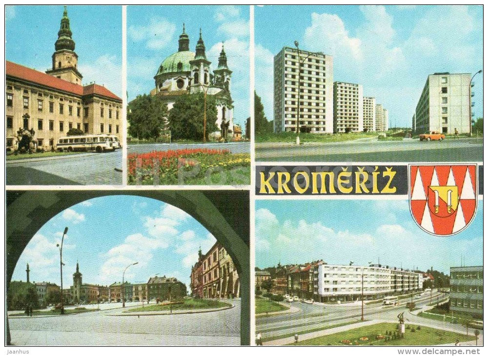Kromeriz - castle - Church of St. John the Baptist - housing Belidla - square - bus - Czechoslovakia - Czech - unused - JH Postcards