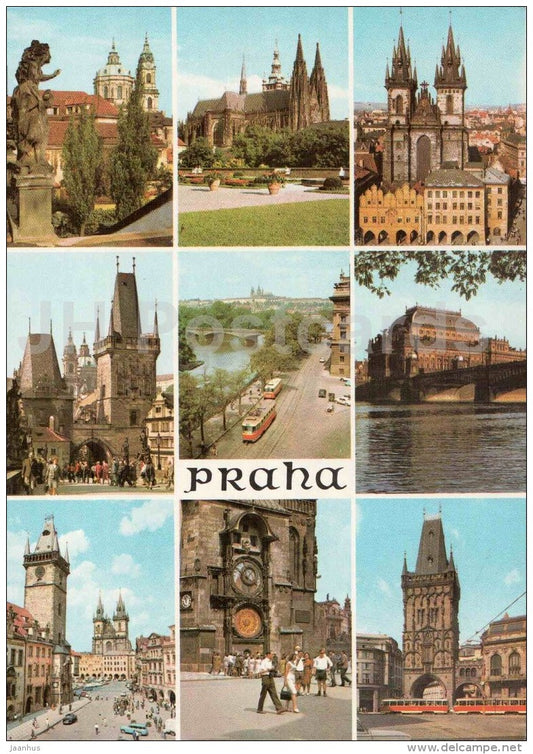 cathedral - St. Vitus - Tyn - National Theatre - Town Hall - Hradcany - tram - Praha - Czech - Czechoslovakia - unused - JH Postcards