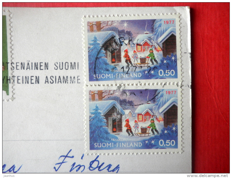Christmas Greeting Card - dwarf - lantern - 924/6 - Finland - sent from Finland Turku to Estonia USSR 1977 - JH Postcards