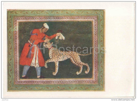 Youth with Cheetah , Rajput School - Indian Miniature - India - 1957 - Russia USSR - unused - JH Postcards