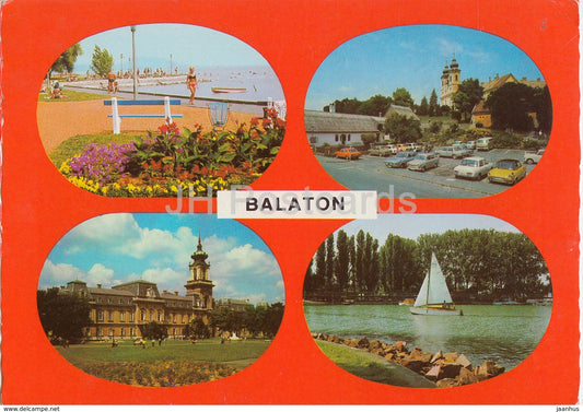 Greetings from lake Balaton - beach - sailing boat - cars - multiview - 1982 - Hungary - used - JH Postcards