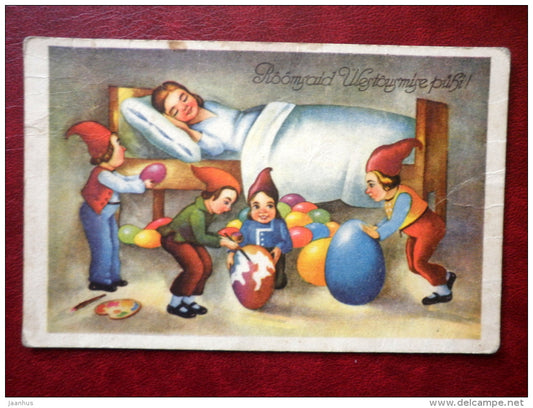 Easter Greeting Card - sleeping girl - eggs - elves - 1920s-1930s - Estonia - used - JH Postcards