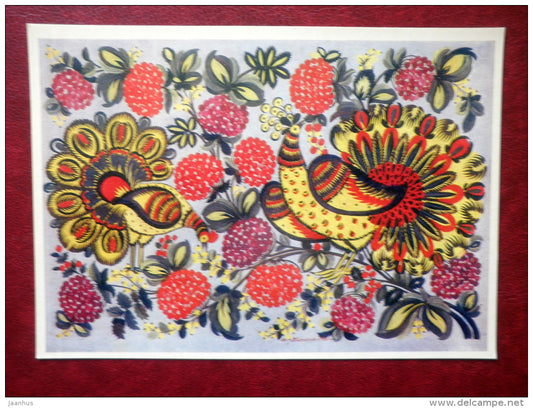 Birds amid Guelder-Rose by T. Pata - Ukraine craftsmen of decorative painting - 1973 - Ukraine USSR - unused - JH Postcards