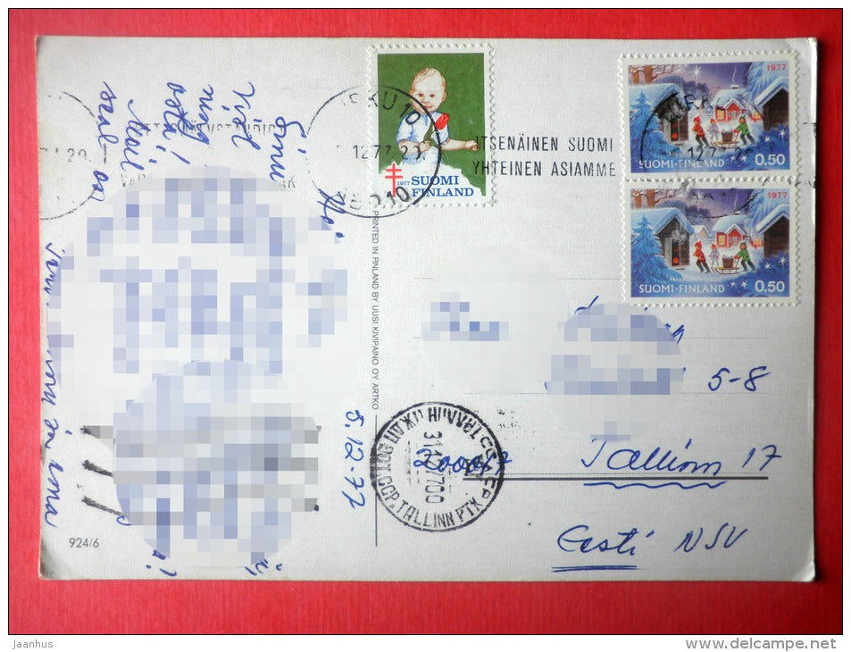 Christmas Greeting Card - dwarf - lantern - 924/6 - Finland - sent from Finland Turku to Estonia USSR 1977 - JH Postcards