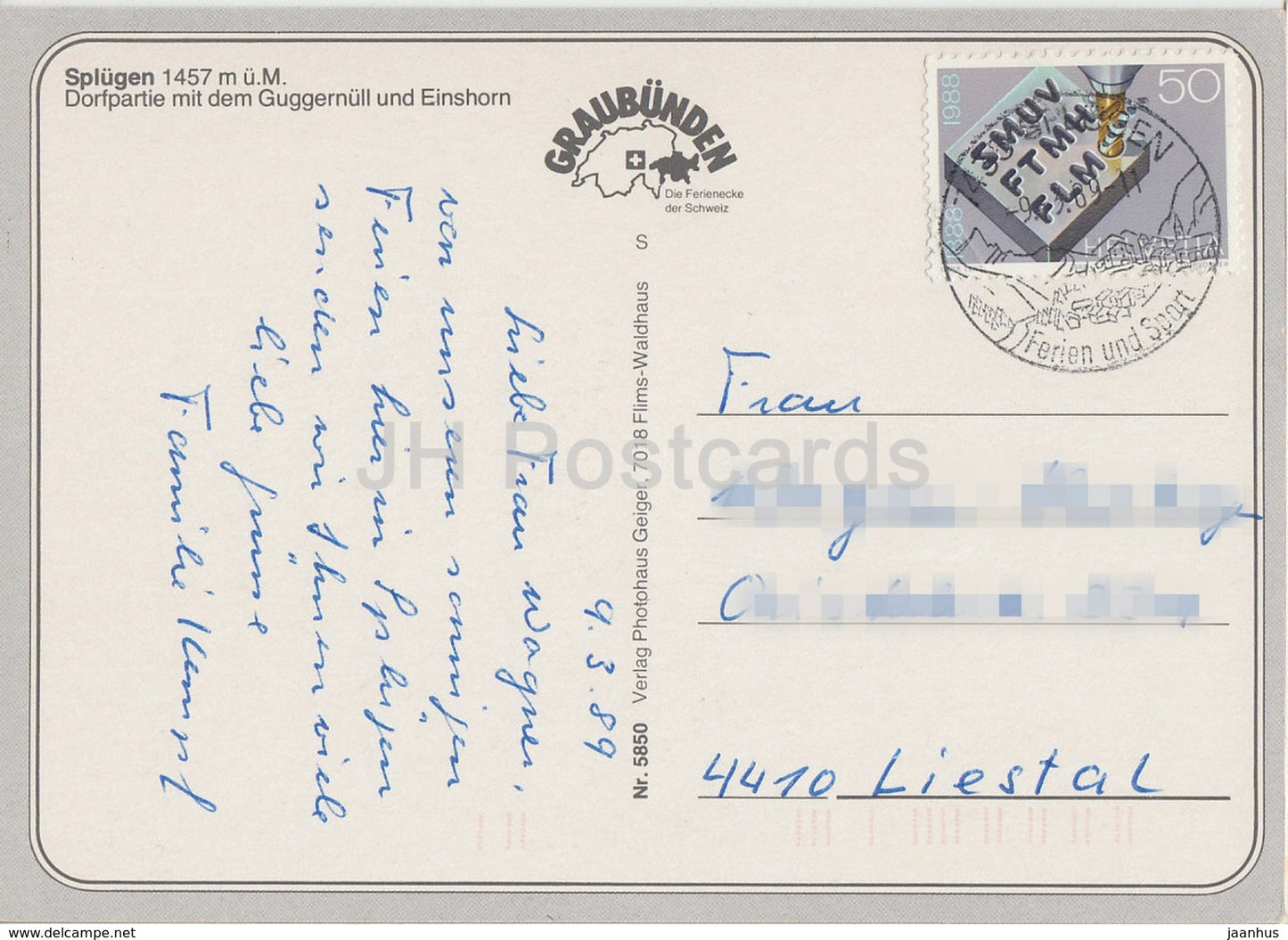 Splugen 1457 m - Dorfpartie mit dem Guggernull und Einshorn - 5850 - 1989 - Suisse - occasion