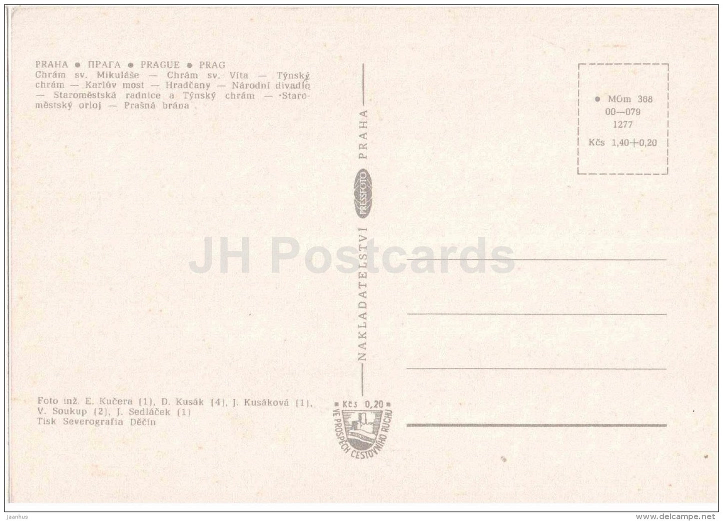 cathedral - St. Vitus - Tyn - National Theatre - Town Hall - Hradcany - tram - Praha - Czech - Czechoslovakia - unused - JH Postcards