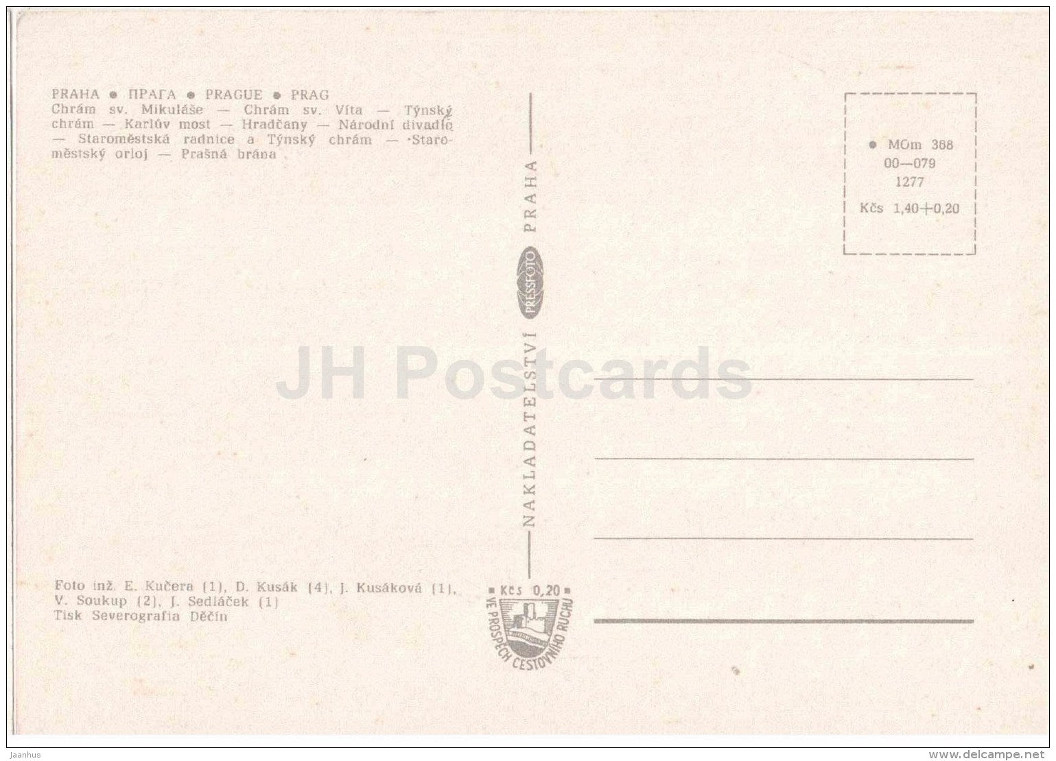 cathedral - St. Vitus - Tyn - National Theatre - Town Hall - Hradcany - tram - Praha - Czech - Czechoslovakia - unused - JH Postcards