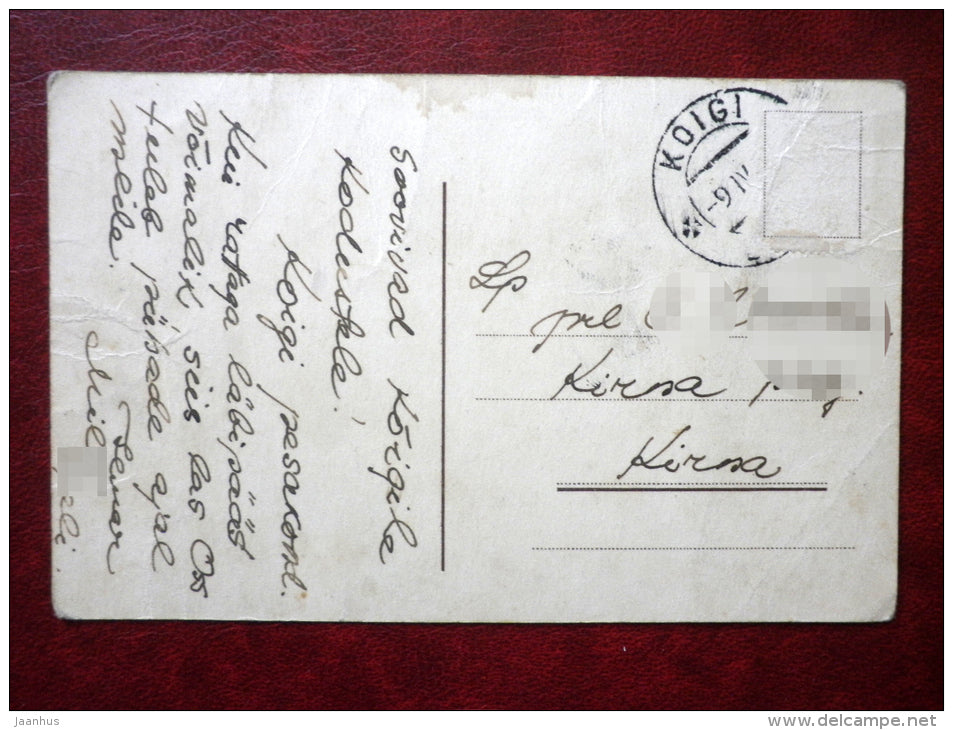 Easter Greeting Card - sleeping girl - eggs - elves - 1920s-1930s - Estonia - used - JH Postcards