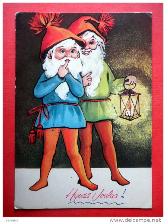 Christmas Greeting Card - dwarf - lantern - 924/6 - Finland - sent from Finland Turku to Estonia USSR 1977 - JH Postcards