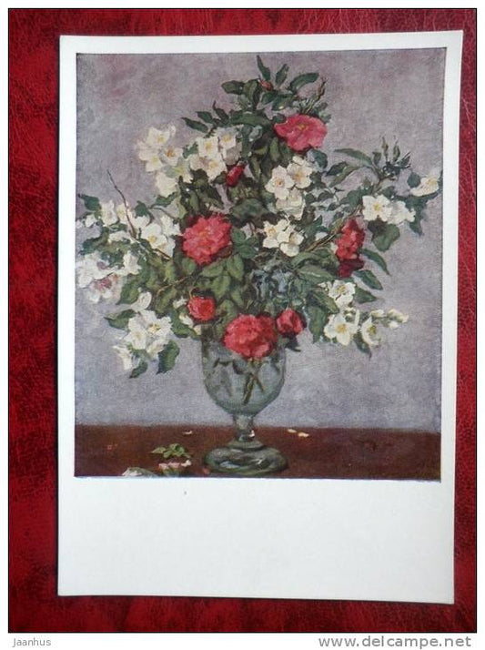 Painting by P. P. Konchalovsky - wild rose and jasmine , 1952 - flowers - russian art - unused - JH Postcards