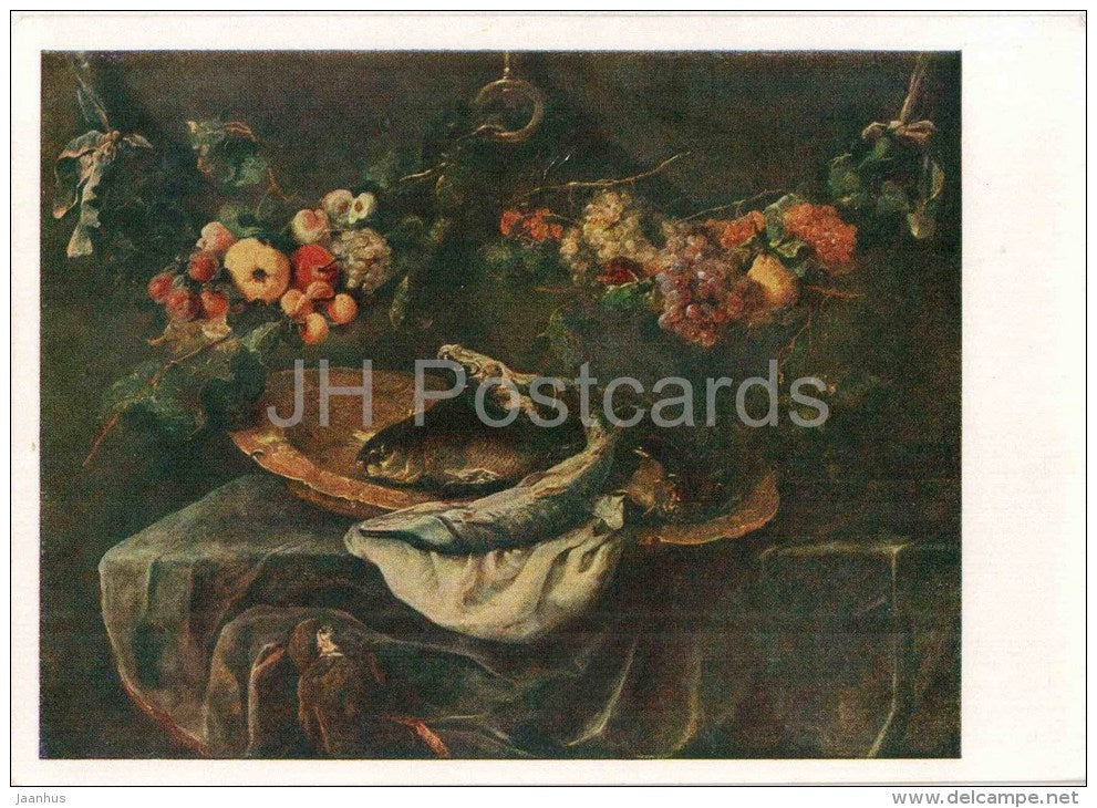 painting by Jan Fyt - Still life with garland and fish - pike - flemish art - unused - JH Postcards