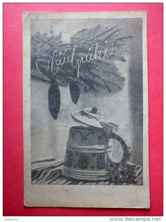 christmas greeting card - beer mug - cones - circulated in Estonia 1943 - JH Postcards