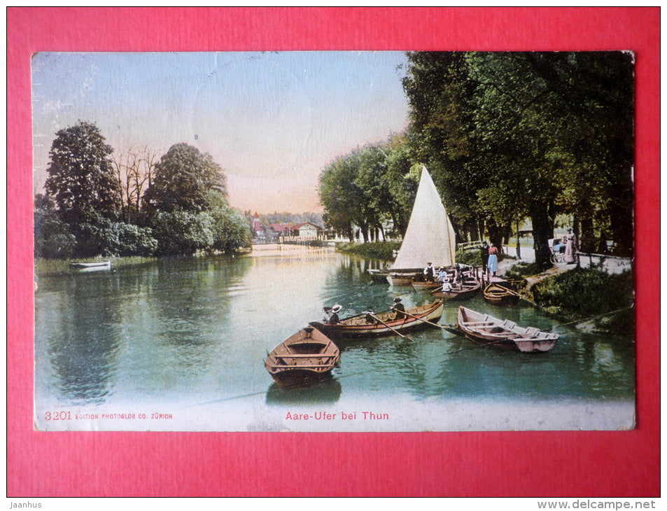 Aare - Ufer bei Thun - river - sailing boat - 3201 - old postcard - Switzerland - circulated in Switzerland 1912 - JH Postcards