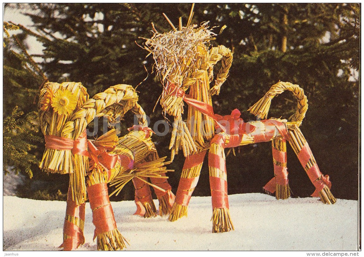 New Year Greeting card - 1 - straw animals - 1985 - Estonia USSR - used - JH Postcards