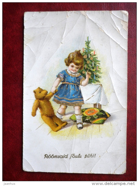 Christmas Greeting Card - girl with bear - christmas tree - pillow - 3416 - old postcard - Estonia - used - JH Postcards